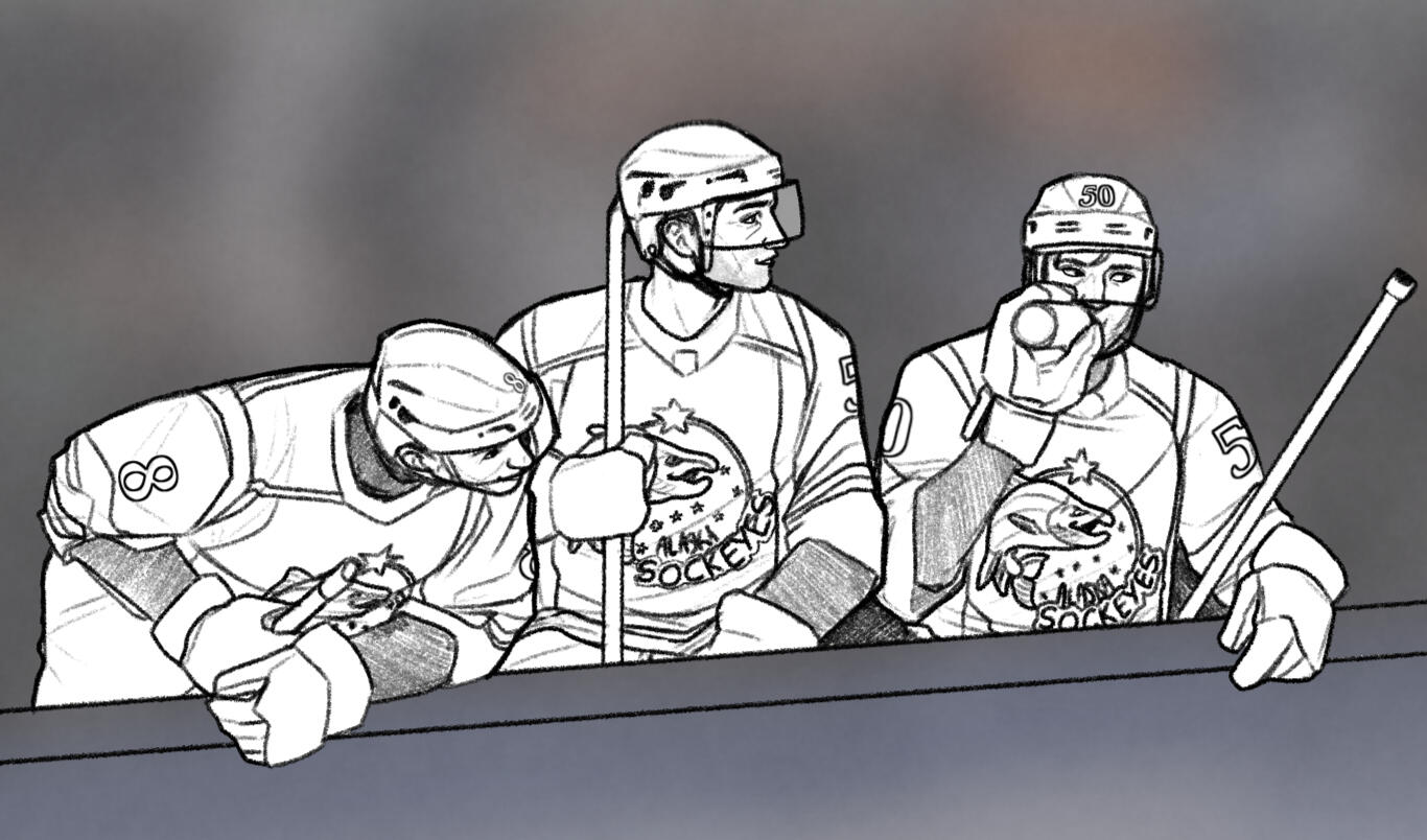 "Chirping" | Hockey AU Alaska Sockeyes nearing a bench penalty Sketch (No Color), 3× Half Bodies Minimal BG, 3× Complex ($105)